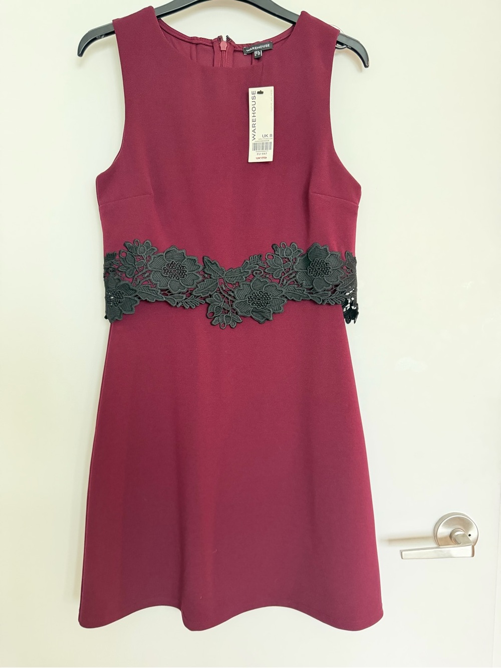 Warehouse UK Sleeveless Wine Shift Dress with Black Lace Waist